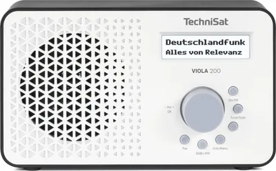 A white and black TechniSat VIOLA 200 portable DAB+ radio is shown against a white background.