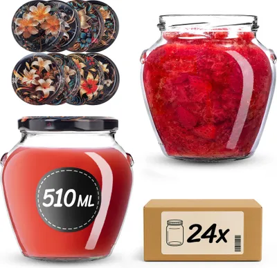 Immagine prodotto di Barattoli KADAX da 510 ml con coperchio a vite fi82mm, barattoli a vite con coperchio, barattoli per miele, barattoli per la conservazione di miele, frutta e verdura, barattoli per marmellata (Lilien, 24 pezzi)