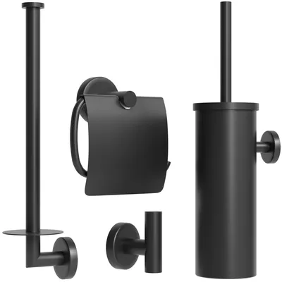 Produktbild von Avalo Toilettenzubehör Set Schwarz 4-teilig - Luxus-Toilettengarnitur - Toilettenbürste mit Halter / Toilettenpapierhalter / Ersatzpapierhalter / Handtuchhaken - inkl. Befestigungsmaterial