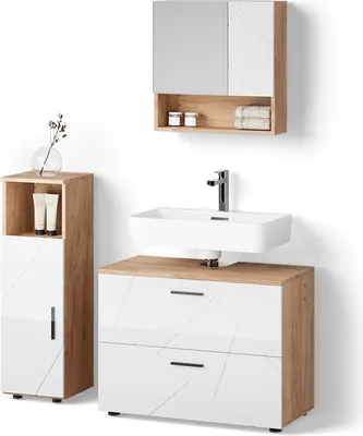 Produktbild von Badmöbel-Set Livinity Ronco Weiß Hochglanz/Goldkraft Eiche 3 Teile, mit Midischrank, Model 53068