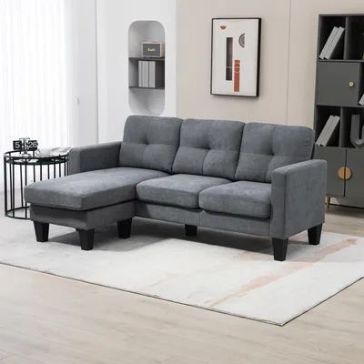 Produktbild von Ecksofa L-Form mit beidseitiger Chaiselongue, Polstersofa Leinenoptik, Dunkelgrau | 186x130x84 cm | Stahlrahmen | 15 cm Sitzkissen