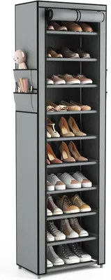 Produktbild von Schuhregal mit 11 Ebenen, schmal und hoch, für 20-22 Paar Schuhe, Stoff mit Staubschutzhülle, grau, 45x30x175 cm