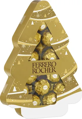 A Christmas tree shaped box of Ferrero Rocher chocolates.