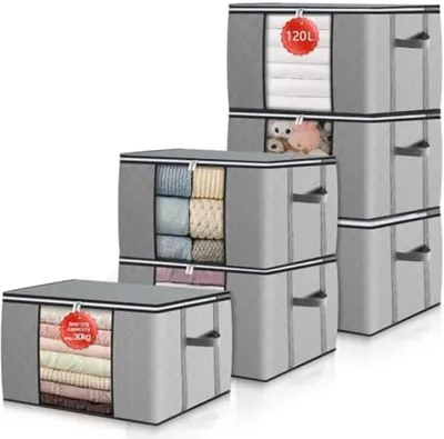 Produktbild von PolkaHome® 6er-Set Aufbewahrungsboxen, 120 Liter, faltbar, mit Sichtfenster und Reißverschluss, grau