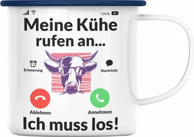 Produktbild von Trendation - Meine Kühe Rufen An Emaille Tasse Geschenk Landwirt Bauer Geschenkidee Landwirtin Kuh Grafik (Blau)