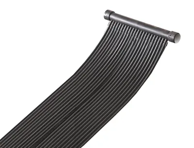 A black solar pool heater panel with multiple tubes connected to a manifold pipe.