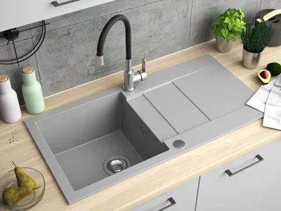 Produktbild von Granitspüle - Spülbecken - Küchenspüle - Beton - 86 x 43,5 cm - Einbauspüle - Kratzfest - Elegantes Design - Platzsparend, mit Siphon, Cascada 40