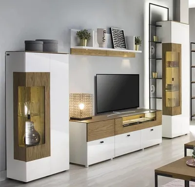 Zdjęcie produktu dla Nowoczesny zestaw TV lowboard 2x witryna Luksusowa szafka ścienna Półka ścienna w komplecie