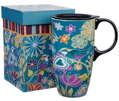 Immagine prodotto di Tazza da caffè in Vetroceramica, 500 ml, decorata con motivi floreali in tonalità blu-verde, con coperchio