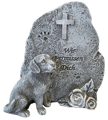 Produktbild von Logbuch-Verlag Gedenkstein Hund Grau „Wir vermissen Dich“ – Grabstein Tiergrab Trauerdeko für Hunde aus Polyresin, wetterfest 11x10 cm