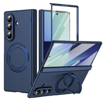 Produktbild von Magnetische Hülle für Samsung Galaxy Z Fold 8 Ultra, mit Displayschutzfolie, Scharnierschutz mit Ringhalter und Ständer Blau