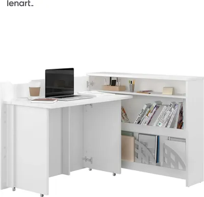 Obrázek produktu pro Rozkládací stůl Lenart WORK CONCEPT CW-01L (levý) BÍLÝ LESK Rozkládací počítačový stůl na kolečkách, police, kancelářský stůl, rohový stůl, volně stojící stůl