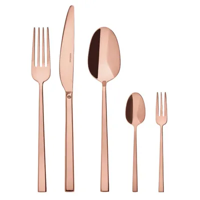 A set of copper-colored cutlery arranged on a white background.