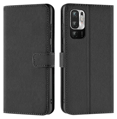 A black flip case for a smartphone is shown, open to reveal the phone inside.