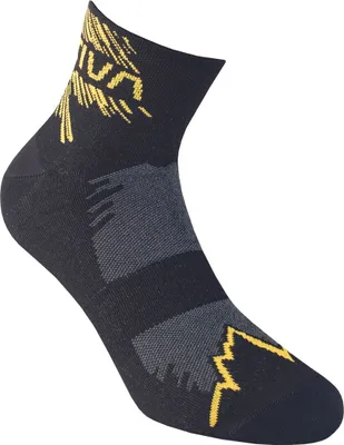 Schwarze Laufsocken mit gelben Akzenten und grafischem Design von La Sportiva.