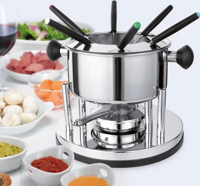 Produktbild von 10 tlg. Fondue-Set aus Edelstahl für 6 Personen | inklusive 6 Gabeln | betrieben mit Brennpaste | Topf mit Absturzsicherung