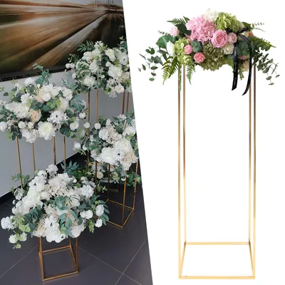 A collage showing gold metal flower stands with floral arrangements, one on a white background and the other in a room setting.