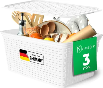 Produktbild von Novaliv 3er Set Aufbewahrungsbox mit Deckel Küche 14L Weiß Kunststoff Rattan-Optik Küche Aufbewahrung & Organisation BPA-Freie Schrank Organizer Ordnungsboxen für Teebeutel Snacks Gewürze