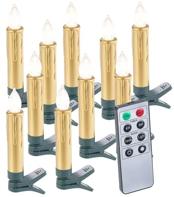 Produktbild von Lunartec Weihnachtsbeleuchtung: 10er-Set LED-Weihnachtsbaum-Kerzen mit Fernbedienung und Timer, gold (Kabellose Weihnachtskerzen, Weihnachtsbaumkerzen Fernbedienung, Weihnachtsmann)