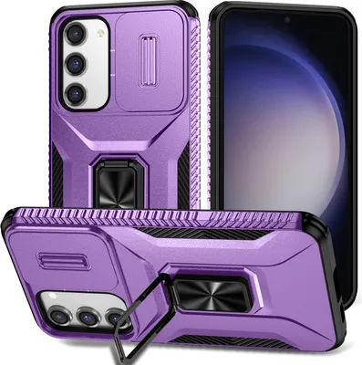 Immagine prodotto di Custodia a doppio strato per Samsung Galaxy S23 custodia di protezione militare con protezione fotocamera scorrevole e supporto ad anello/supporto Viola