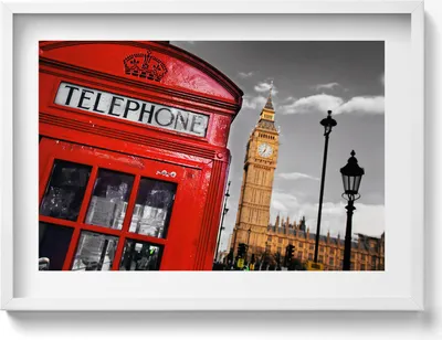Produktbild von Telefonzelle und Big Ben - England– Wandbild mit Rahmen – Gerahmtes Bild  – Wanddekoration – 70x50 cm –  Schwarz Rahmen