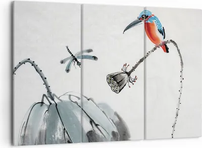 Produktbild von Bild auf Leinwand - Leinwandbild - 3 Teile - Libelle Vogel Blume - 105x70cm - Wand Bild - Wanddeko - Wandbilder - Leinwanddruck - Bilder - Wanddekoration - Leinwand bilder - Wandbild - CE105x70-4361
