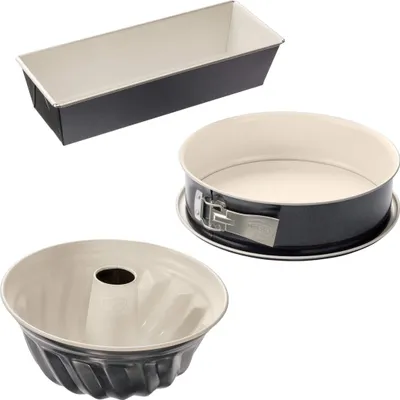 Produktbild von Dr. Oetker 3er Backformen-Set BACK-TREND: Springform, Gugelhupfform und Kastenform, Kuchenformen aus Stahl mit keramisch verstärkter Antihaft-Beschichtung (Farbe: creme/anthrazit), Menge: 1 x 3er Set