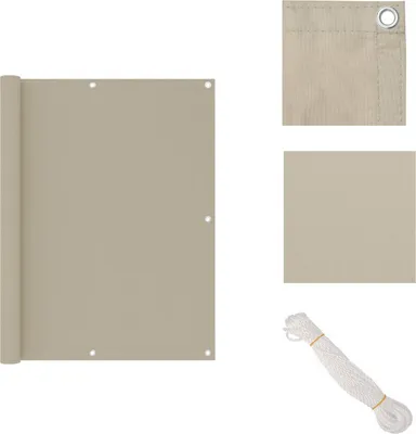 A beige balcony privacy screen is shown rolled up on the left side of the image, with close-up views of the fabric and a coiled rope on the right.