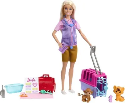 Produktbild von Barbie Puppe Tierrettung, Blonde Puppe, Spielset mit 2 Tieren und Zubehör HRG50