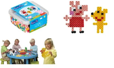 A collage of images showing a HAMA Bügelperlen maxi set, children playing with beads, and finished bead creations of Peppa Pig and George Pig.