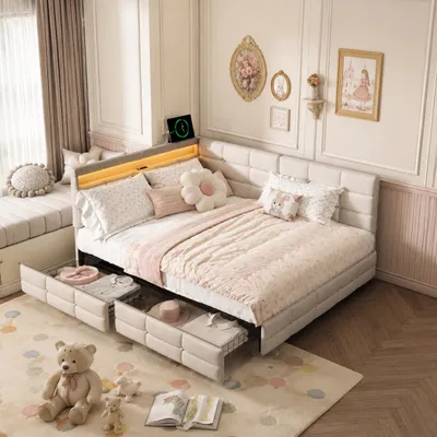 Produktbild von INONEFT polsterbett 140 × 200 cm, Doppelbett, Erwachsenenbett mit Lattenrost und zwei Schubladen, Kinderbett mit LED und USB, Leinen, beige, KI-generiertes Bild