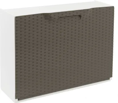 A white and brown shoe cabinet with a rattan design.