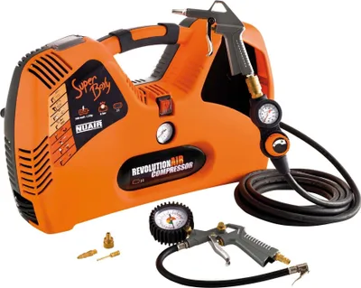 Produktbild von nutool Luftkompressor Superboxy, ölfrei, 2L, 1.5 PS, 1 Zylinder, 3 Düsen, Orange/Schwarz, ABS, Aluminium, Messing, Kupfer, Gummi, Stahl, eingebaute Staufächer, Druckregler am Luftschlauch, für Bälle, Räder, Matratzen