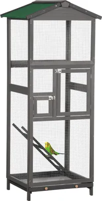 Image de PawHut Cage à oiseaux grande taille en bois massif avec volière, toit en asphalte, 2 portes et tiroir amovible - 68 x 63 x 165 cm gris
