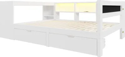 Immagine prodotto di letto giovanile okwish 140x200 con ripiani, cassetti e stazione di ricarica, letto a piattaforma in legno con testata imbottita, letto matrimoniale con luci LED colorate, senza materasso, bianco