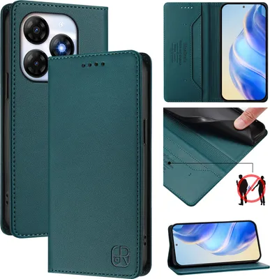 Image de Etui en cuir pour itel P55 4G, étui à rabat avec fentes pour cartes, portefeuille et support Vert foncé