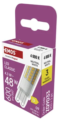 Immagine prodotto di Lampadina LED EMOS G9 CLASSIC 4,3 W, sostituisce una lampadina alogena da 48 W, attacco G9 JC con luminosità 600 lm, bianco neutro 4000 K, lunga durata, ZQ9D33