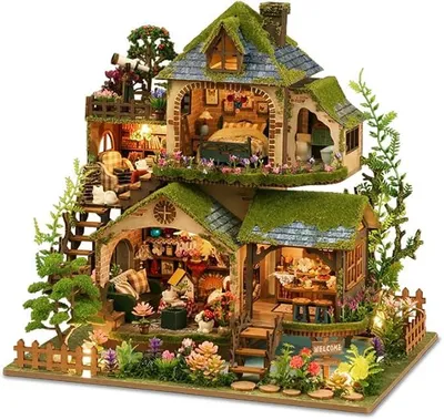 Imagen del producto de Casita en miniatura, casa de muñecas, cabaña de madera verde con luces LED