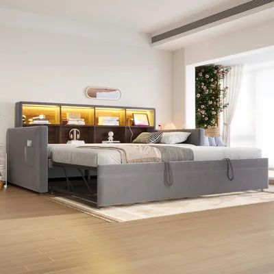 Produktbild von Schlafsofa 90 x 190 cm mit Ausziehbett, LED-Beleuchtung, Steckdosen, USB- und Typ-C-Anschlüssen, Kopfteil mit Stauraum, Polsterbett mit Lattenrost, Samt, Dunkelgrau