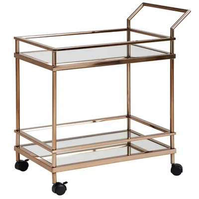 Produktbild von WOHNLING Design Servierwagen Dunkles Gold 2 Ebenen mit Bremsen Beistelltisch auf Rollen Speisewagen mit Glasplatte Küchenwagen Teewagen