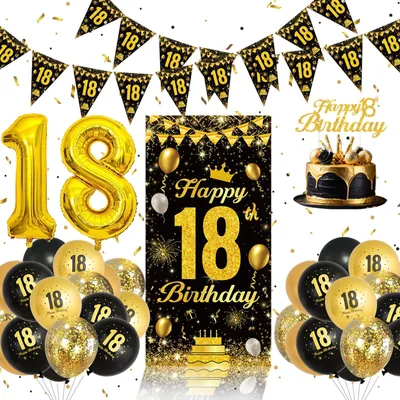 18. Geburtstag Dekoration Set – Schwarz Gold Ballons, Banner, Tortenaufsatz