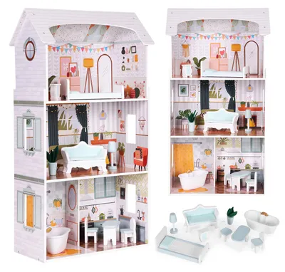 Produktbild von Alice-Puppenhaus, 3 Etagen, 4 Räume, Set mit 9 Möbelstücken von ECOTOYS