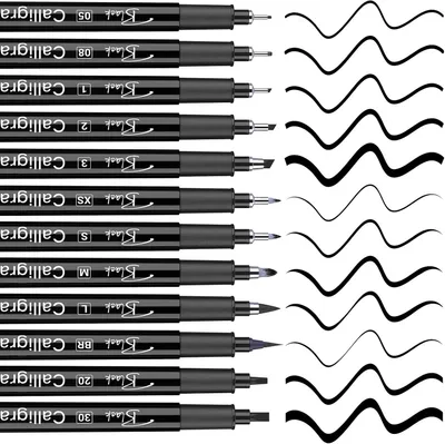 Productafbeelding van Kalligrafiestiften - Set van 12 - Zwart - Kalligrafieset voor beginners - Fineliner en penseelpunten