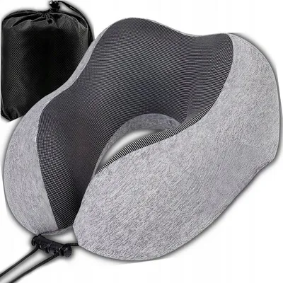 Produktbild von Nackenkissen Reise Memory Foam 3D Nackenstuetze Flugzeug Auto Zug Bus Ergonomisch 25x28cm Abnehmbarer Bezug Beutel Grau