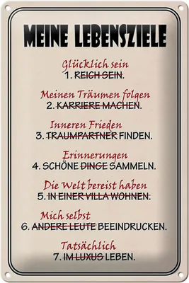 Produktbild von Blechschild Spruch 20x30cm meine Lebensziele glücklich