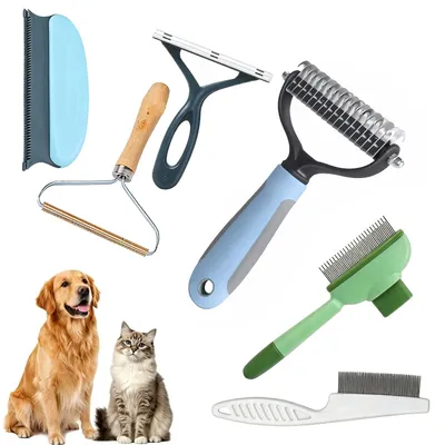 Productafbeelding van 6-in-1 verzorgingsset voor honden en katten - ondervachtborstel - ontwarringskam - vlooienkam en haarverwijderaar