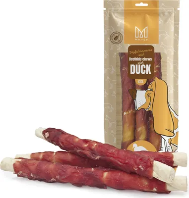 Produktbild von XXL 25cm Kauknochen aus Rinderhaut mit Entenbrust, Hundeleckerli, Mersjo, 240g