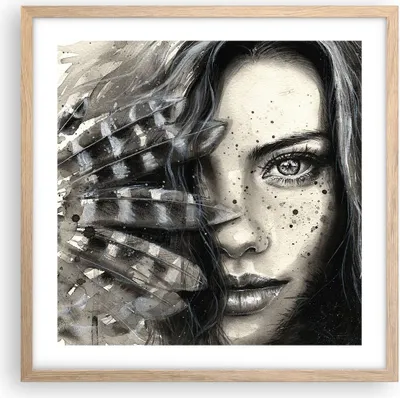 Produktbild von Gerahmtes Poster - Rahmen in heller Eiche - Frau Federn Lippen Kunst. - 50x50 cm - Wand Bild - Wanddeko - Wandbilder - Wandposter - Bilderrahmen - Bilder - Kunstdruck - Wandbild - P2NAC50x50-2874