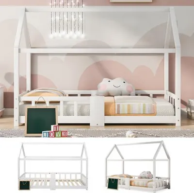 Produktbild von Kinderbett Hausbett 90 x 200 cmHolzbett für Kinderzimmer inkl.Tafel Lattenrosten Rausfallschutz, aus KiefernholzWeiß (ohne Matratze)