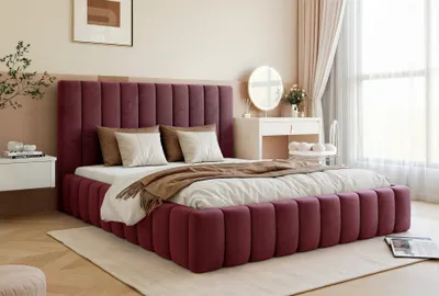 Produktbild von Besilio Möbel - Doppelbett 180x200 Tina Slim - Polsterbett, Schlafzimmerbett mit Lattenrost & Bettkasten - Samtstoff - Burgunderrote & Velluto 32